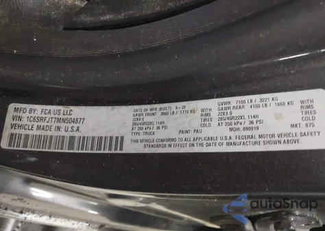 2021 Ram 1500 Laramie 4X4 5'7 Box z USA, uszkodzony, nr VIN 1C6SRFJT7MN504877